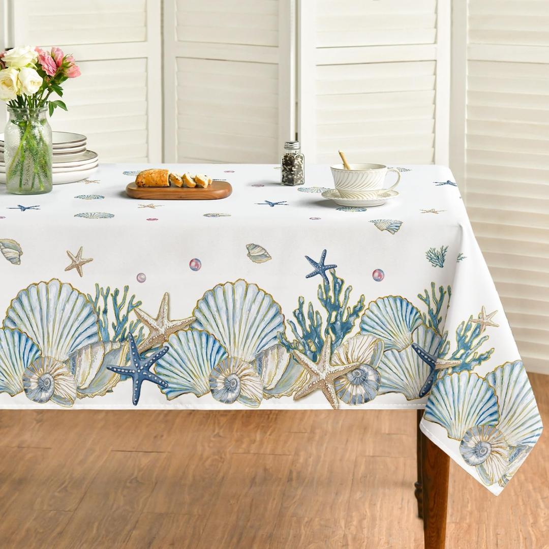 Horaldaily Summer Tablecloth 6084 Inch Rectangular, Watercolor Sealife Conch Starfish Seaweed Washable Seasonal Table Cover for Party Picnic Dinner Decor