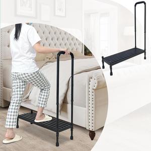 Medical Step Stool with Handle Bed Steps for High Beds Adults Elderly Seniors Adjustable Bedside Stepping Stool Handicap Safety Metal Footstool Wide Platform to Get into Bed, Bathtub, SUV (Black)