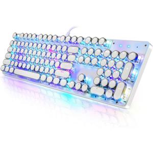 YSCP Typewriter Style Mechanical Gaming Keyboard RGB Backlit Wired with Blue Switch Retro Round Keycap 104 Keys Keyboard (White 104 Keys RGB)