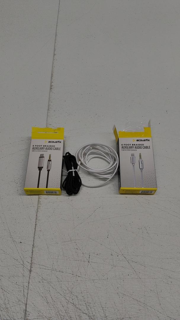 Pack of 2: 1) Acoustix™ Auxiliary Braided Audio Cable;  2) Acoustix™ 3.5mm to Apple Lightning Braided Auxillary Cable - White