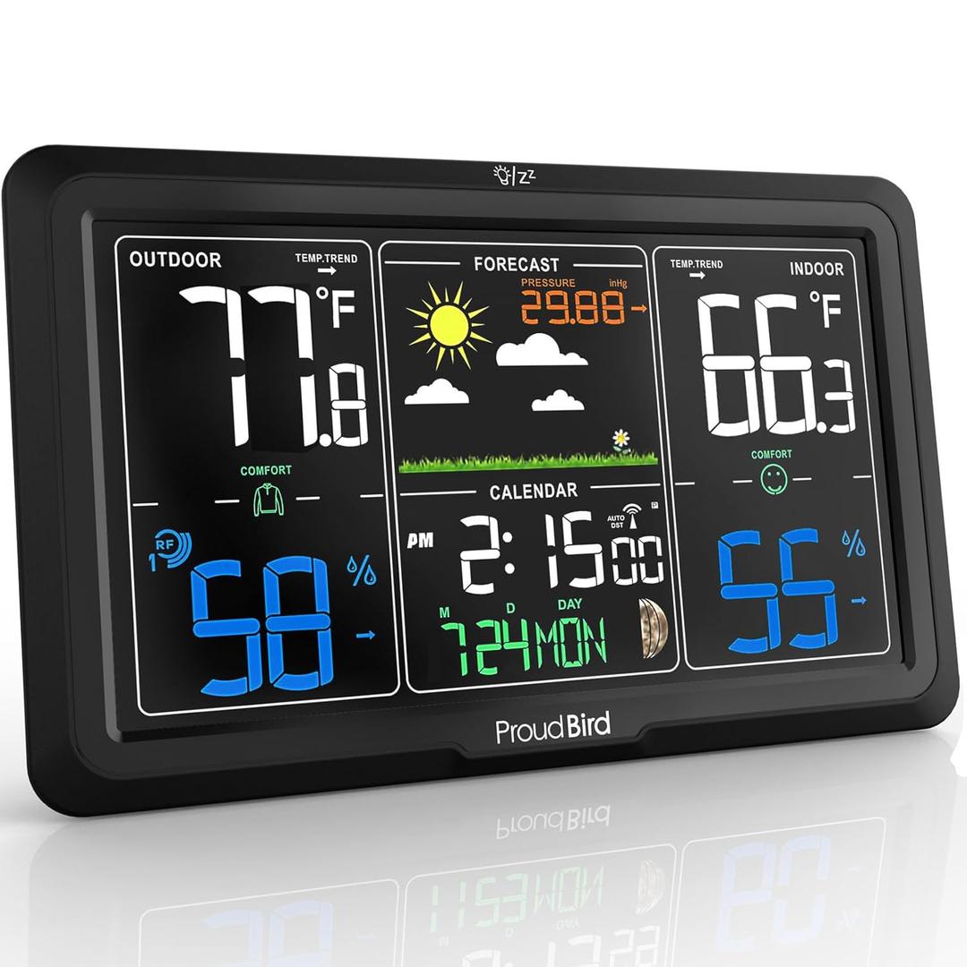 Weather Station Wireless Indoor Outdoor Thermometer, Wide Viewing Angle Home Weather Stations, Colorful Large 7.6" Display, Atomic Clock Weather Forecast Adjustable Backlight, Black