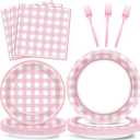 200 PCS Pink Checkered Tableware Disposable Pink And White Checkered Party Supplies Dinnerware Set Plaid Plates Outdoor Supplies Girls Barbecue Picnic Birthday Party Decoration Serve 50 guest