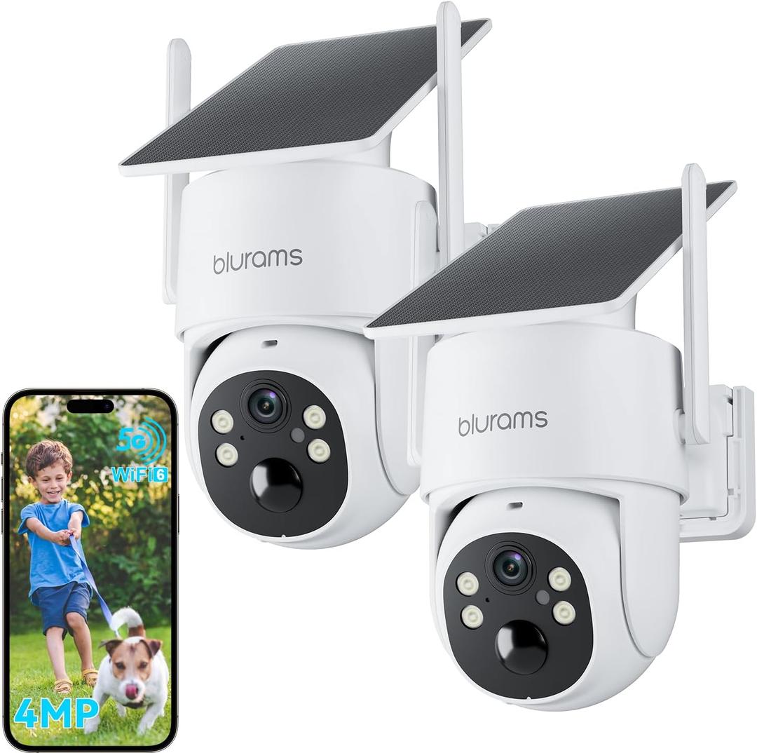 blurams 2.5K Pan/Tilt Security Cameras Wireless Outdoor, 100% Wire-Free Outdoor Camera with Fixed Solar Panel, 360 View, Dual-Band WiFi 6, Human Detection, Color Night Vision, Work with Alexa, 2Pack