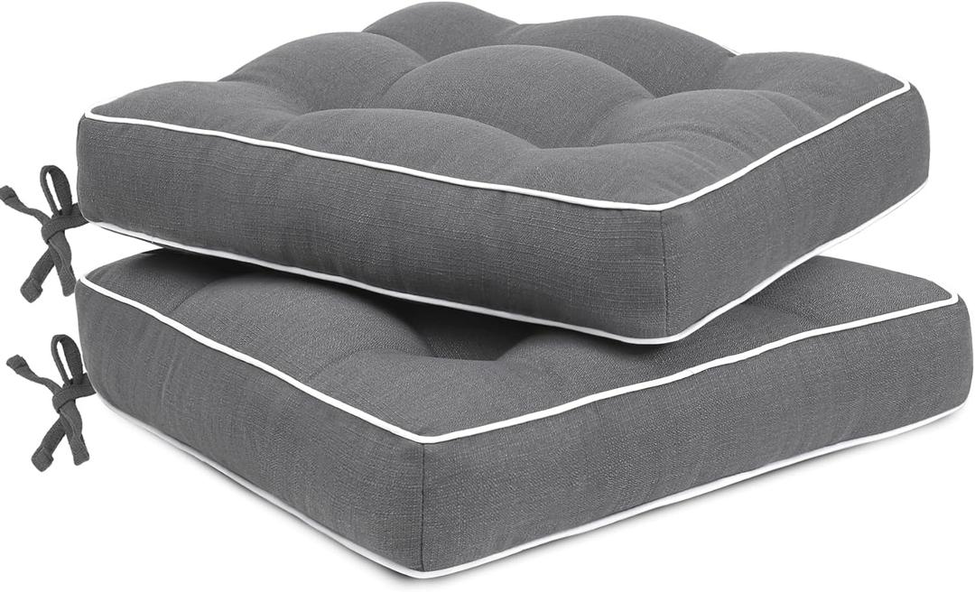 Favoyard Patio Cushions 19 x 19 Inch Indoor & Outdoor Chair Cushions Water-Resistant Seat Cushion for Patio Furniture 3-Year Color Fastness Square Tufted Couch Chair Pads with Ties, 2 Pack, Dark Gray