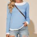 Tankaneo Womens Long Sleeve Shirts Crewneck Patchwork Casual Fitted Tunic Tops Ruffle Lightweight Outfits (Blue)