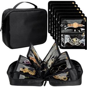 Travel Jewelry Organizer Case,Jewelry Bags for Traveling, Jewelry Binder with 24 Pcs Clear Zipper Velvet Pouches for Storing Earrings, Rings, Necklace, Bracelet, Watch (Black)