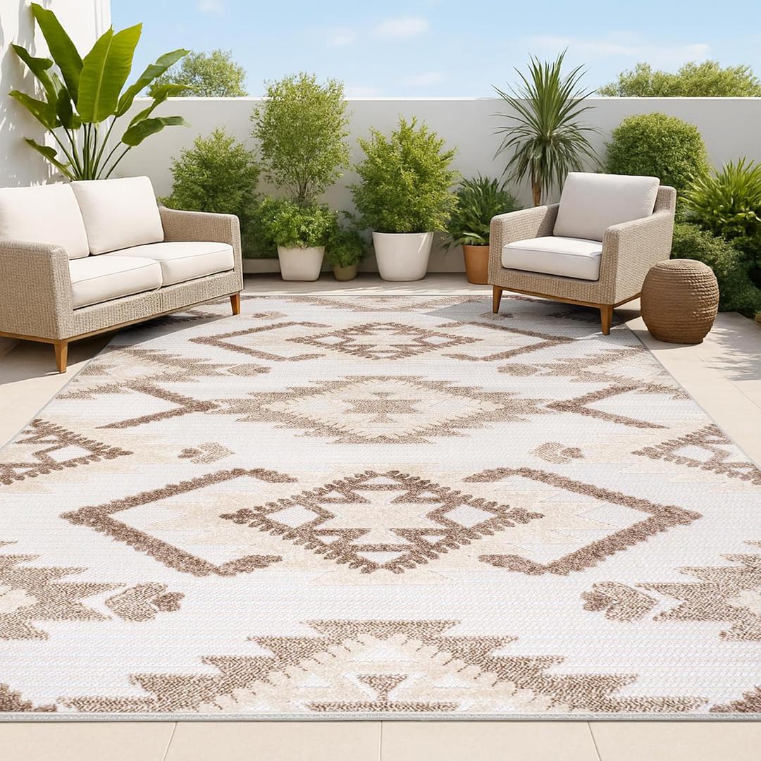 JONATHAN Y Neutral Diamond Kilim Indoor Outdoor Area Rug 8X10 Brown/Ivory, Sumak High-Low Pile for Backyard, Patio, Porch, Easy-Cleaning, High Traffic, Pet-Friendly, Non-Shedding (SBH107C-8)