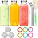 16 oz Glass Juice Bottles with Lids 3 Pack | Reusable & Leakproof Juicing Jars with Airtight & Sipping Lids, Straws & Brushes for Travel, Office, Home, Gym