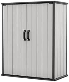 Keter Premier Tall 4.6 x 5.6 ft. Resin Outdoor Storage Shed with Shelving Brackets for Patio Furniture, Pool Accessories, and Bikes, Grey & Black