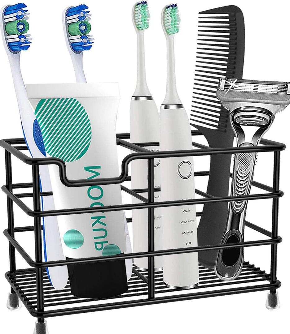 HYRIXDIRECT Toothbrush Holders for Bathrooms Stainless Steel Rustproof Electric Toothbrush Holder Toothpaste Organizer Tooth Brush Storage Stand (Large, Black-01)