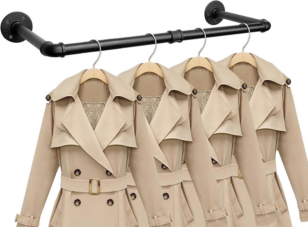 Jeasor Industrial Iron Pipe Clothes Hanging Bar DIY Wall-Mounted Garment Rack Heavy Duty Clothing Rack for Bedroom, Laundry Room, Closet Storage (Black 24 inch)