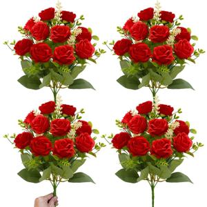 TURNMEON 40 Heads Fake Roses Artificial Flowers for Outdoors Summer Decor, 4 Bouquets UV Resistant Fake Flower Bouquet Faux Silk Roses for Wedding Birthday Party Home Mother's Day Cemetery Decor(Red)