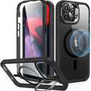ESR for iPhone 15 Pro Max Case with Stand, Compatible with MagSafe, Full-Body Military-Grade Drop-Proof Case with Built-in 9H+ Tempered Glass Screen Protector, Armor Series, Clear Black