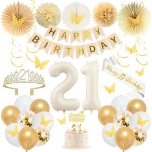 Trgowaul 21st Birthday Decorations for her, Champagne Gold Happy 21st Birthday Supplies for Girls, 21 Sash and Crown, Banner, Paper Fans, Cake Topper, 3D Butterfly, 21 Year Old Party Supplies Set
