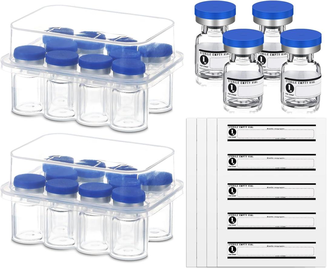 20 Pcs 1ml Sealed Sterile Empty Vials with Self Healing Injection Port Glass Penicillin Bottle with 20 Label Stickers