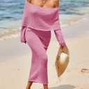Saodimallsu Womens Off Shoulder Summer Maxi Dress Bell Long Sleeve Sexy Bodycon Strapless Sheer Beach Swimsuit Coverup (Pink, S)