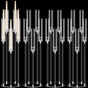 Barydat 4 Pcs Acrylic Candelabra Centerpieces Clear Candle Taper Candlestick Holder Crystal 5 Arm Candlesticks Holder with Acrylic Shade Pillar Fit 0.87" LED Candle for Wedding Dinner Party (Clear)