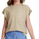 Girls Oversized T Shirts Kids Summer Tops Crewneck Cute Cap Sleeve Tee Trendy Athletic s Teen Shirts Clothes 2025 (Beige)