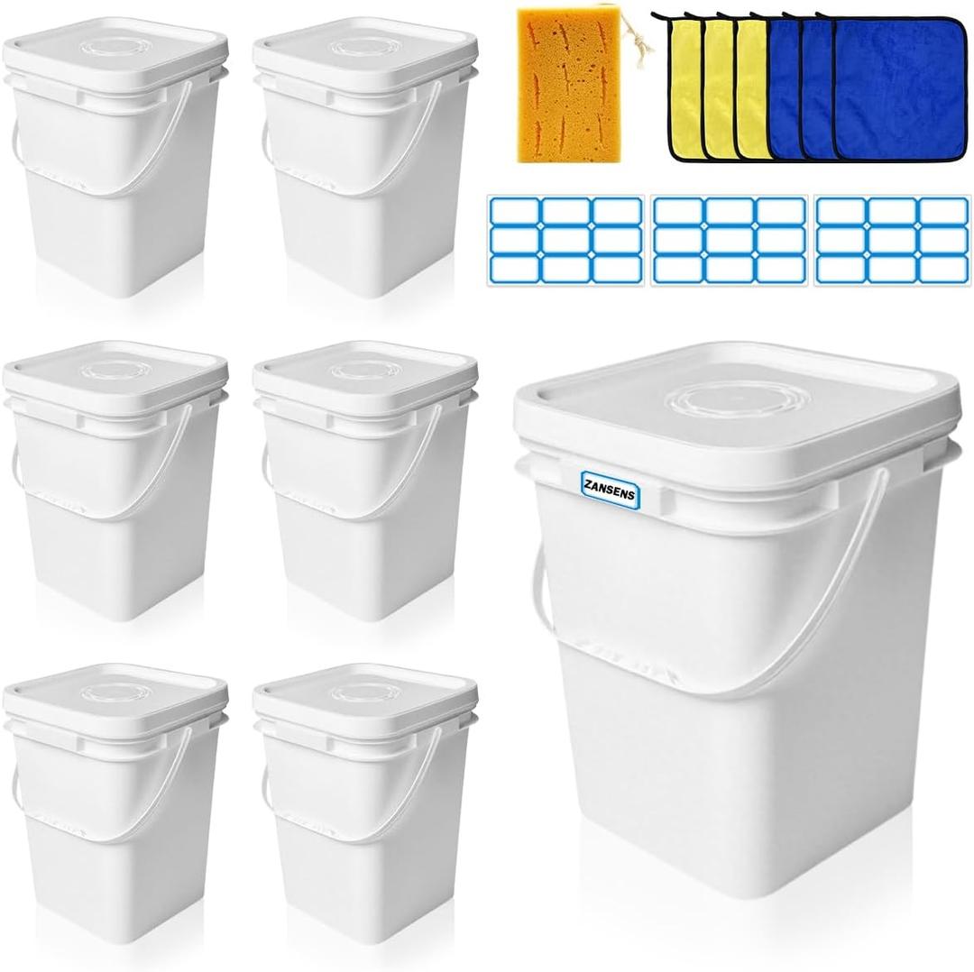 6 Pcs 5 Gallon Square Bucket with Lid Food Storage Container with Plastic Handle,Industrial Bucket with DIY Label Stickers and Towel for Paint Storage Tanks Handicrafts