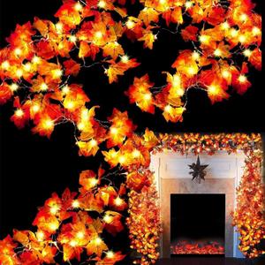 TURNMEON 6 Pack Thanksgiving Decorations Enlarged Maple Leaf Thanksgiving Decor Fall Lights Thick Leaf Garlands, Total 60Ft/120LED Lights Battery Operated Waterproof Halloween Fall Decor Home