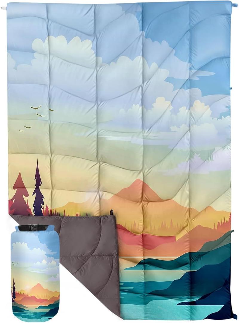 Outdoor Puffy Camping Blanket, Lightweight Down Alternative Puffy Printed Camping Large Ultra Warm Hammock Top Quilt Waterproof Blanket for Traveling Picnic Beach Party Cold Weather (Sunset) 79X55