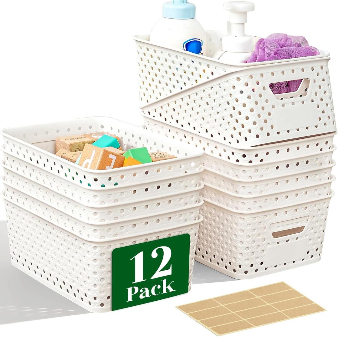 12 Pack Plastic Storage Baskets for Organizing, Storage Baskets for Shelves with Handles, Small Storage Bins with Labels, Organizer Baskets for Cabinet,Closet, Office (Cream White)