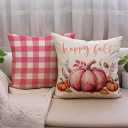 Fall Decorative Throw Pillow Covers,Autumn Pumpkin and Buffalo Check Plaid Design 18x18 Inch Cushion Cases 2Pack Happy Fall Harvest Farmhouse Home Pillowcases for Autumn Thanksgiving (Pink, 18" x 18")