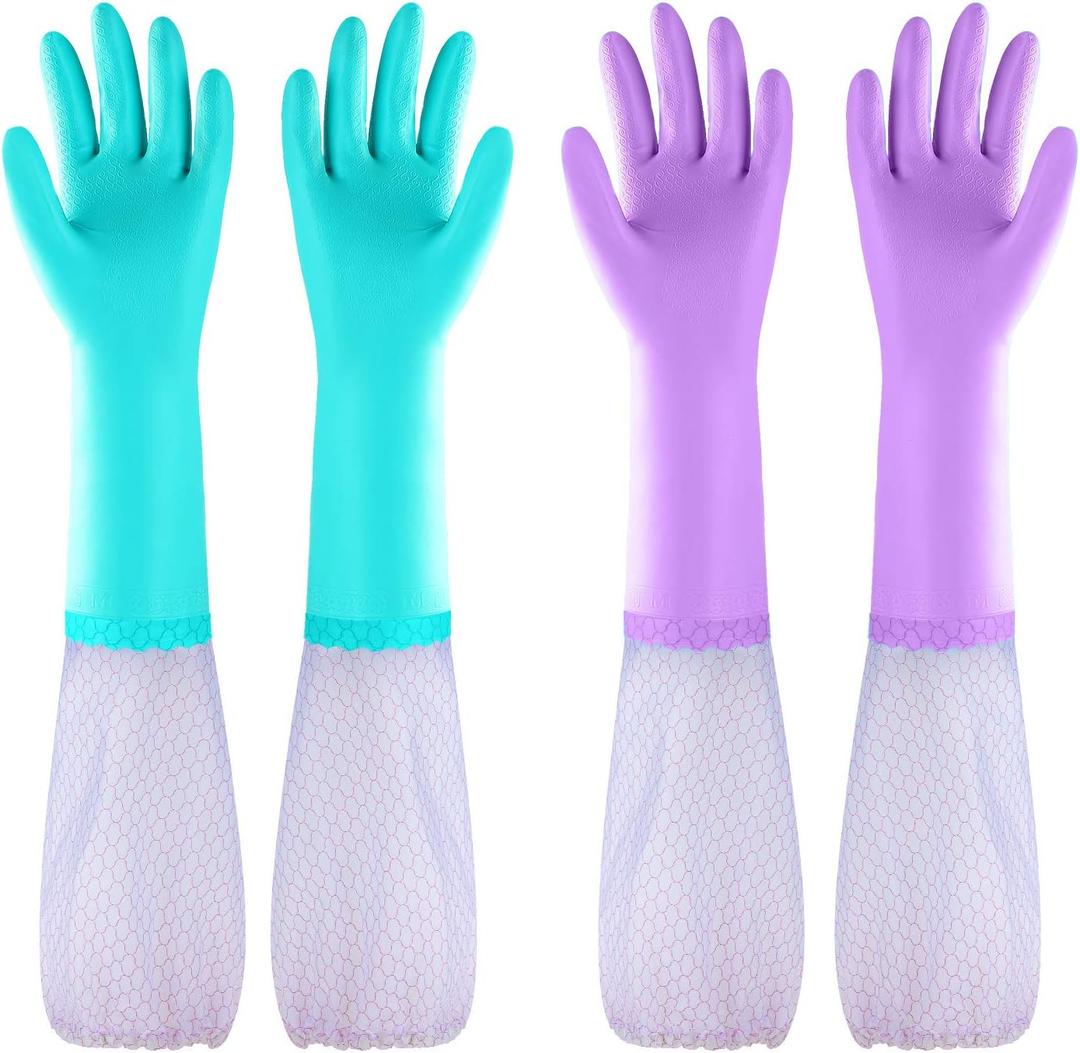 Elgood Reusable Long Sleeve Dishwashing Cleaning Gloves with Latex Free,Cotton Lining,Kitchen Gloves 2 Pairs,Purple+Blue M