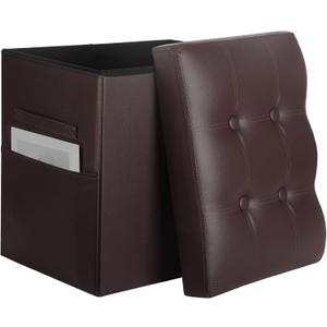 Storage Ottoman, Slim Tall Foot Stool with Thicker Foam Padded Seat. Folding Leather Foot Rest Furniture with Handles & Side Pocket. Ottoman with Storage for Living Room 350 lbs, 17x13x17in, Brown