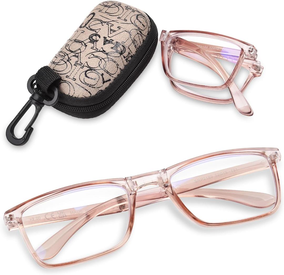 OPTOFENDY Folding Reading Glasses for Women Men, Small Spring Hinge Readers, Portable Blue Light Glasses with Zipper Case (Lbrown)