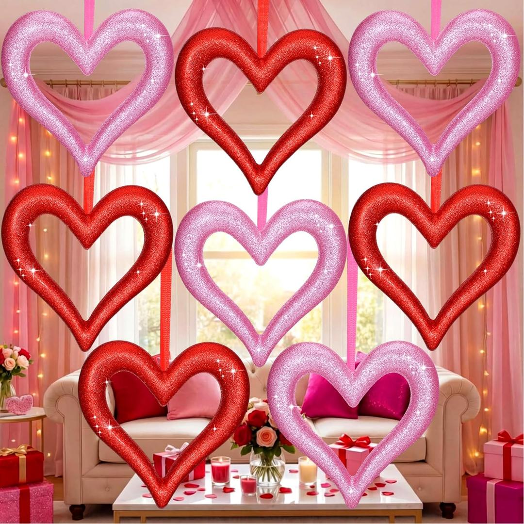 Lineshading 8 Pack Large Valentine's Day Heart Ornaments for Tree 8 Inch Red Pink Glitter Heart Ornaments Valentines Wreaths Foam Hang Valentines Decoration for Front Door Holiday Wedding Anniversary