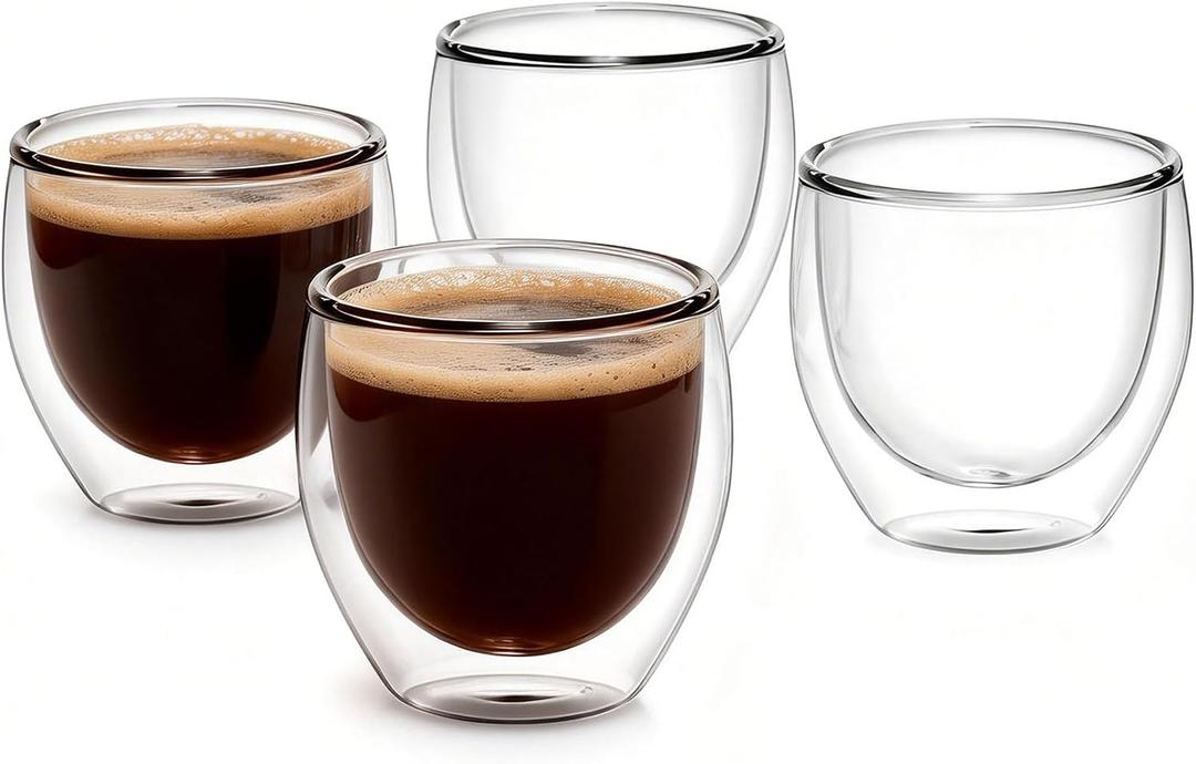Double Walled Espresso Cups Set of 4, 5oz Clear Expresso Mugs, Small Insulated Espresso glasses for Coffee Machines