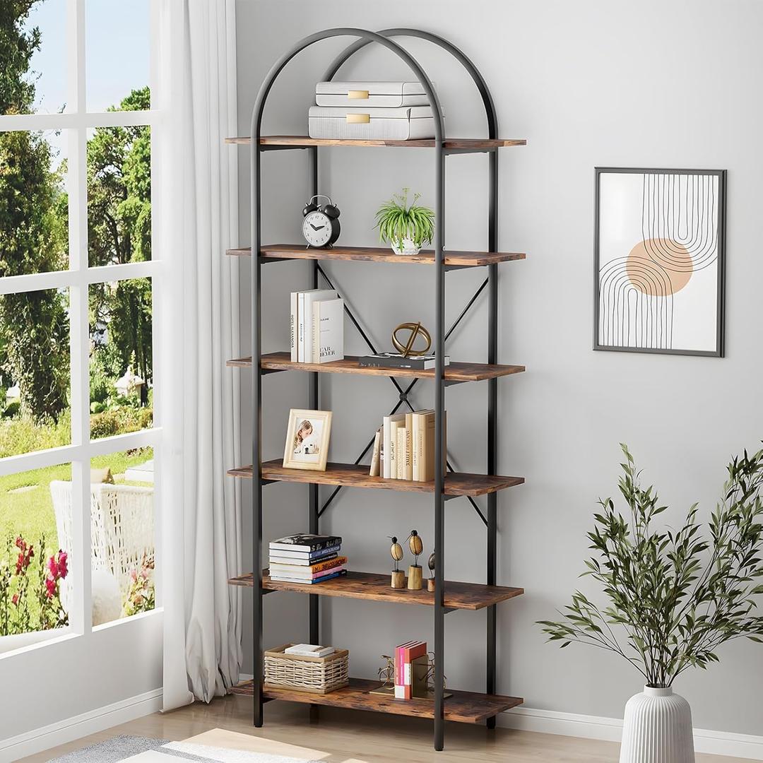 Arbuxzuy 6 Tier Bookshelf, 83" Tall Arched Bookcase, Tall Book Shelf with Metal Frame, Industrial Display Standing Shelf for Living Room, Home Office, Bedroom, Brown