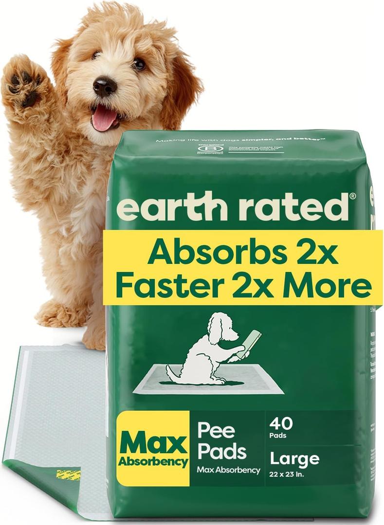 Earth Rated Max Absorbency Puppy Pee Pads for Dogs Absorbs 2X Faster & 2X More, Leak-Proof, Odor Control Potty Training, Unscented, Large, 22 x 23, 40 Count