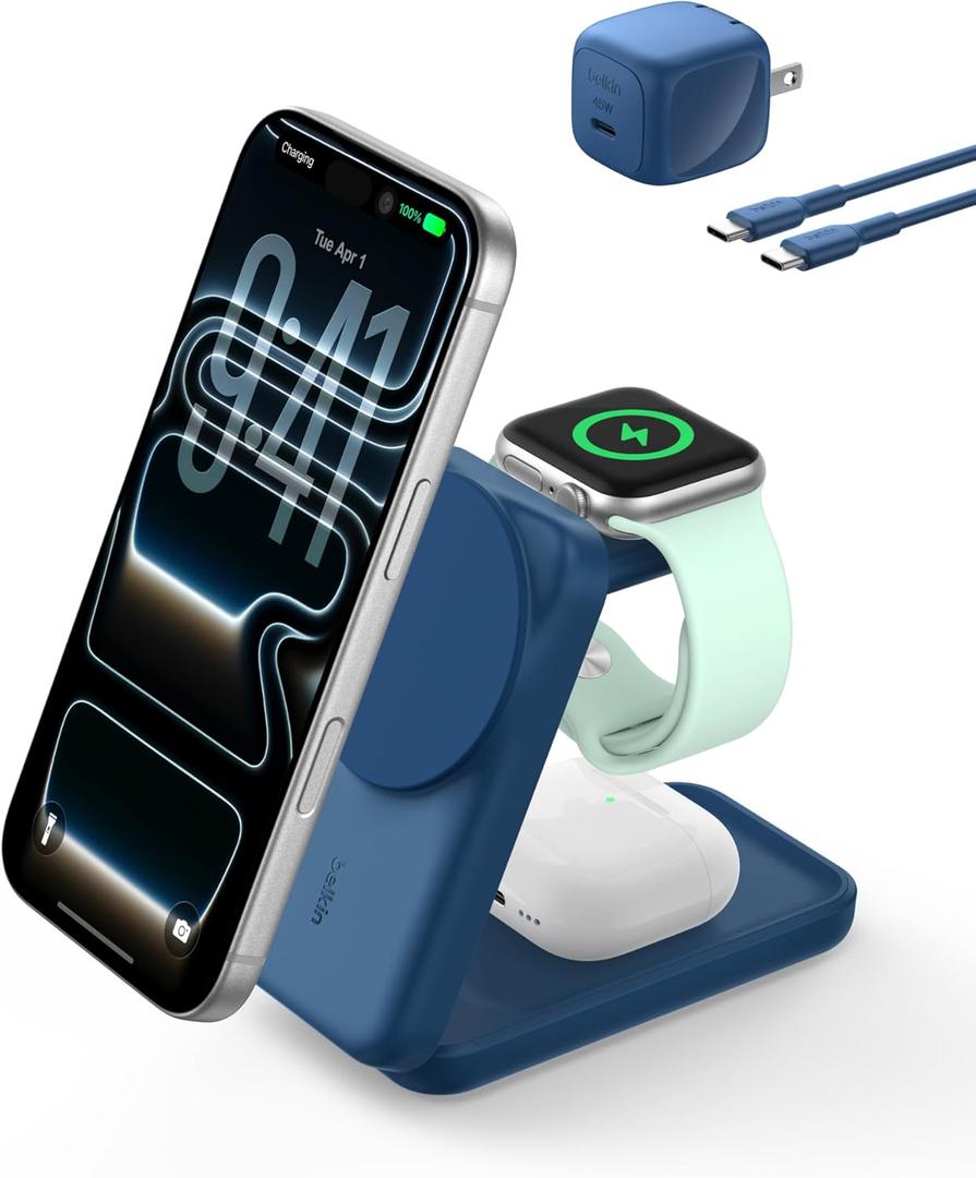 Belkin MagSafe Charger Compatible, 3-in-1 Charging Station, Qi2.2 25W Magnetic Wireless Charger Dock, Foldable Charging Stand for iPhone 17/16/15, Apple Watch, AirPods, Pixel 10 (45W Adapter Included) (Blue)