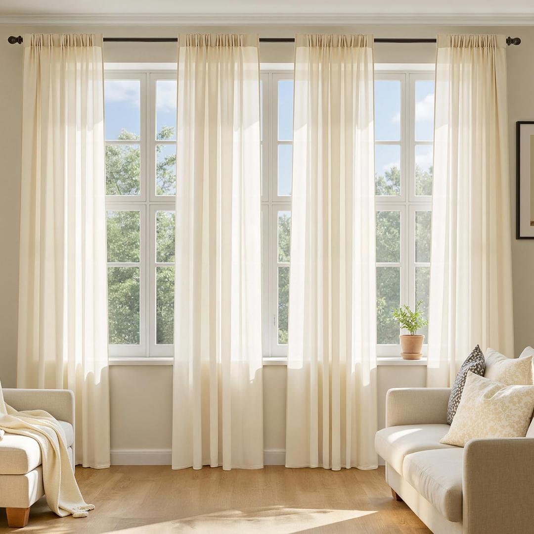 MIULEE Butter Cream Sheer Curtains 72 Inches Long, 4 Panels Set, Rod Pocket Voile Drapes Light Filtering and Semi Transparent, Elegant Window Treatments for Bedroom Living Room,54 x 72 Inches