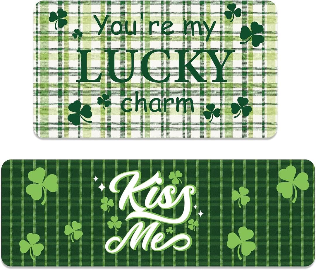 Breling St. Patrick's Day Kitchen Mats Set of 2, Lucky Green Plaid Clover Shamrock Kitchen Rugs Diatomaceous Soft Floor Absorbent Non-slip for Home Anniversary Wedding Party Decor 17x29 and 17x47 Inch