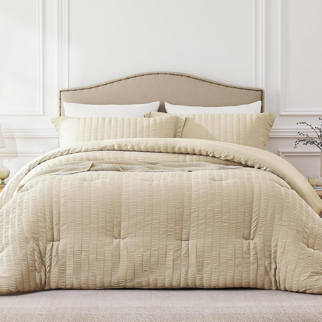 Linen Oversized Queen Comforter Set - 3 Pieces Seersucker Lightweight Bedding Comforter Sets (1 Soft Fluffy Comforter & 2 Pillowcases) - All Seasons Cozy Farmhouse Bed Sets for Women Men (Queen XL (98''*98''))