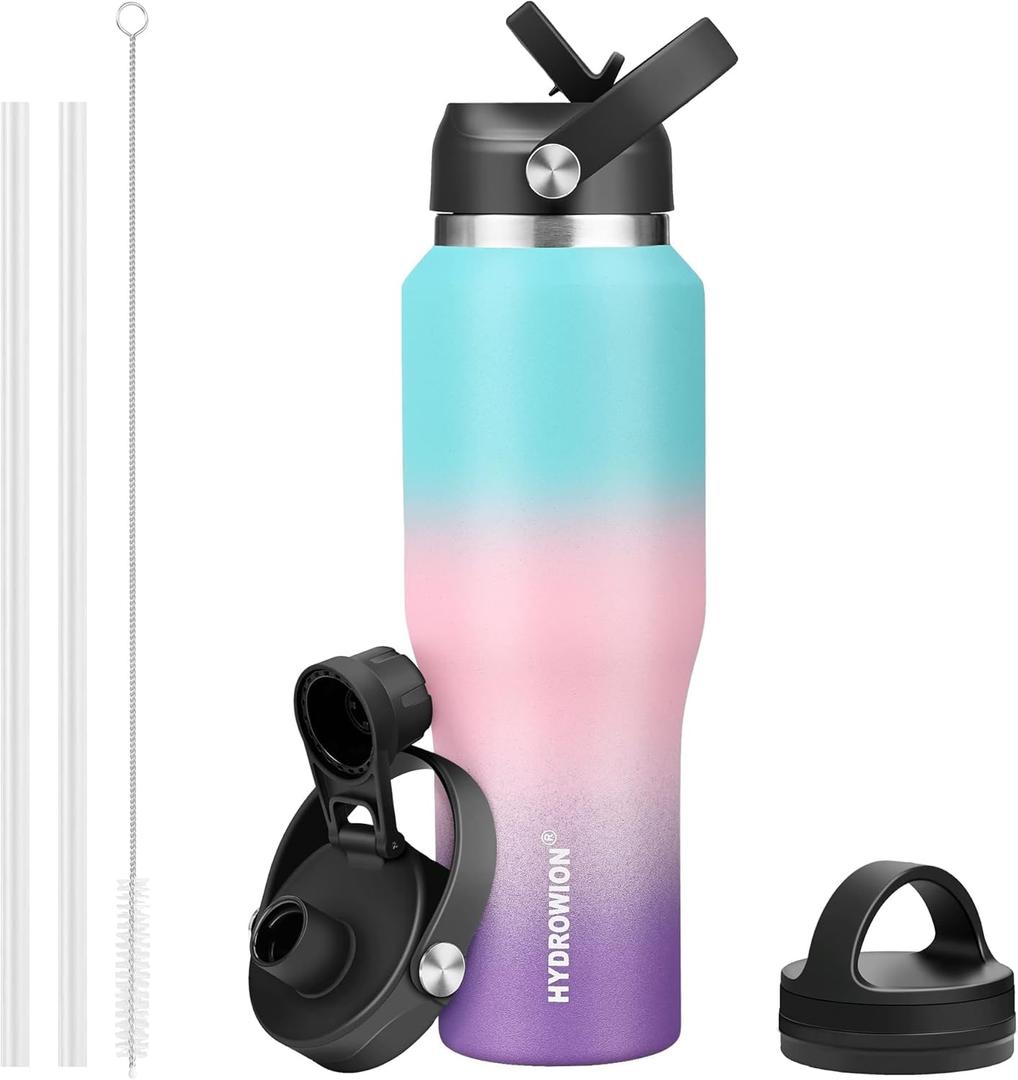 40 oz Insulated Water Bottle with Straw fit in Car Cup Holder(Cold 48 hrs, Hot 24 hrs) Drinking Bottle with Straw Lid, Spout Lid and Flex Cap Leakproof Travel Thermo MugMint - Pink - Purple (40 Ounces, Mint - Pink - Purple)