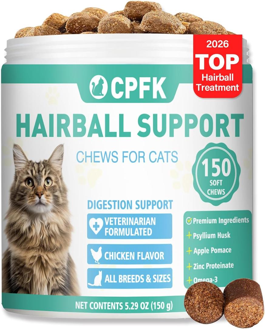 Hairball Remedy Treats for Cats, 150 Soft Chews Furball Control & Relief Treatment for Indoor Cats, Supports Skin & Coat Health Helps Eliminate & Prevent Hairballs Chicken Flavor