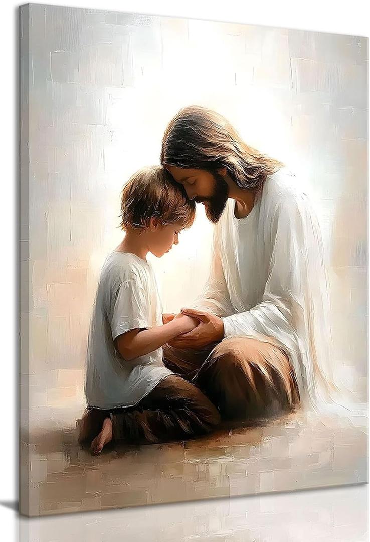 KISSFOX Jesus Canvas Wall Art Jesus and Little Boy Wall Art Christian Religious Serenity Prayer Art Prints Artwork For Prayer Living Room Bedroom Kitchen Boy Room, 16x24 inch