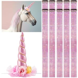 Juexica 19 Horse Costumes for Horses to Wear, Include 1 Pcs Unicorn Horn, 18 Pcs Clip in Hair Extensions for Derby Day Costumes (Pink)