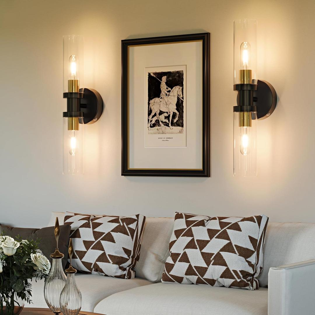 Rechargeable Battery Operated Wall Sconce Set of 2, Modern Wireless Wall Lights, Dimmable Cordless Sconces with 4 Bulbs for Living Room, Bedside, Bathroom, Black Gold 2 Pack (Include 4 Specia Bulbs)