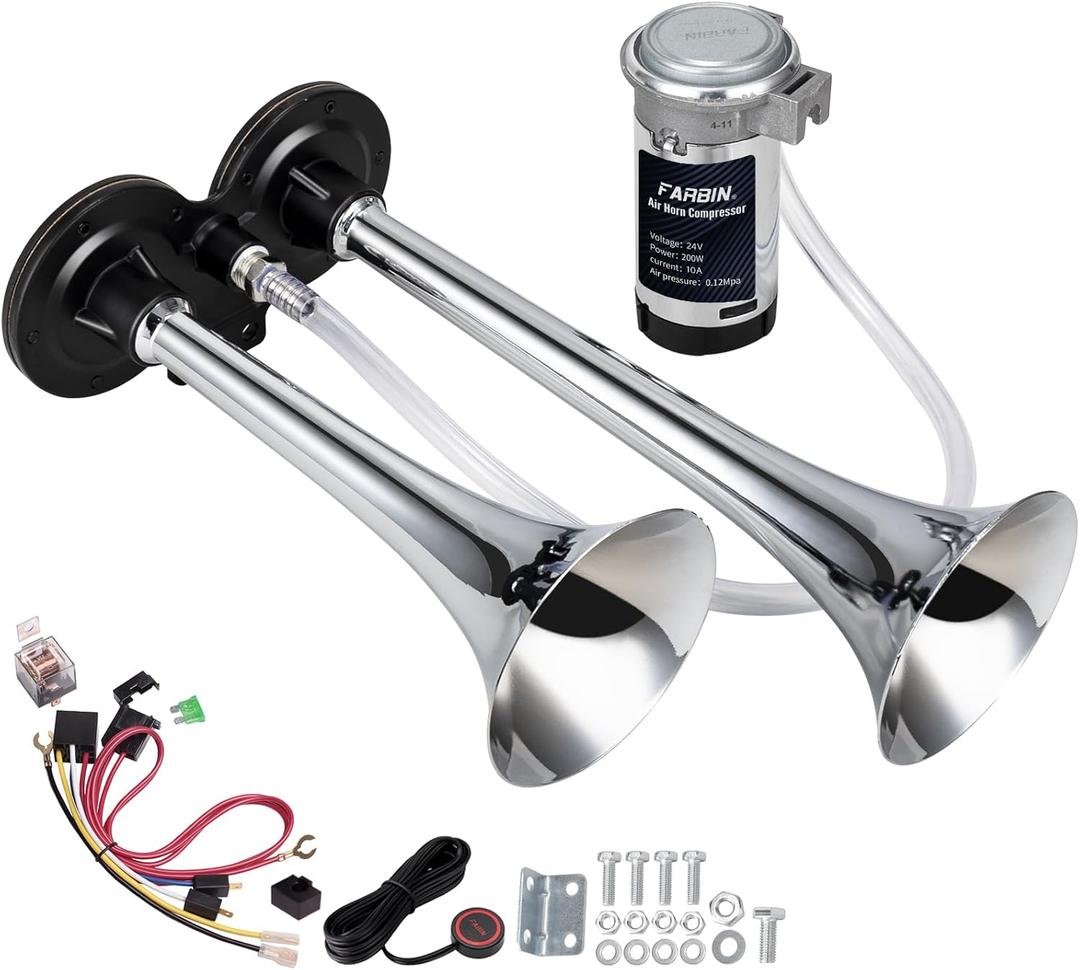 FARBIN Air Horn 24V Super Loud Car Horn, Chrome Zinc Dual Trumpet with Compressor, Wire Harness and Switch, for Any 24V Vehicles Trains Boats Vans Buses (Silver)