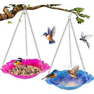 2 Pack Hanging Bird Bath for Outdoors, 11 Inch Metal Bird Feeder Water Bowl with Rust-Proof Stainless Steel Chains Flower Shape Hanging Birdbaths Feeder for Outside Garden Yard Patio Decor