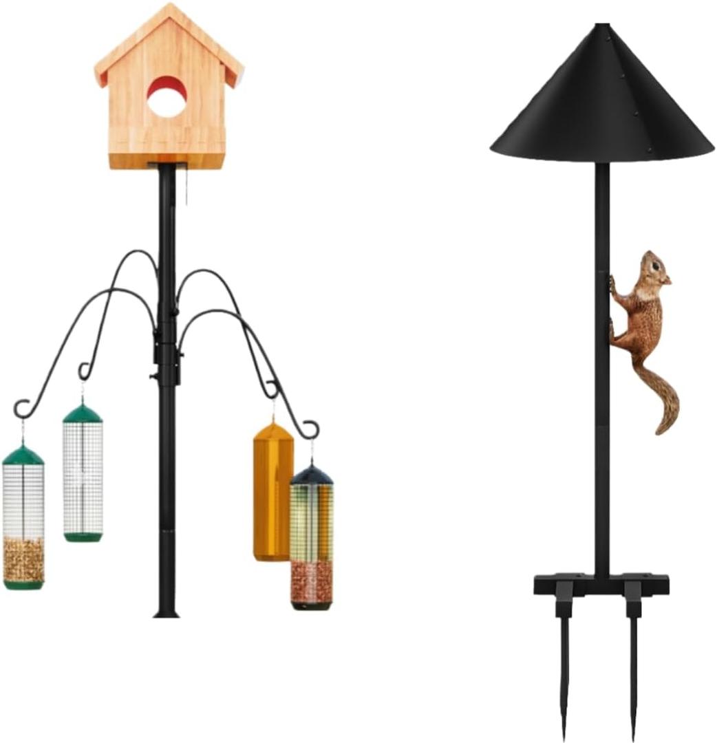 Bird Feeder Pole 93.31 Inch Feeding Station with Squirrel Proof Baffle Heavy Duty Metal Mounting Pole Stand with 4 Shepherd Hooks for Outdoor Decor Black (Bird House Not Included)