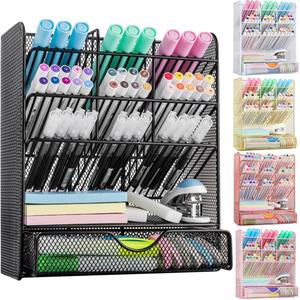 Spacrea Metal Pen Organizer, Pencil Holder for Desk, Desk Organizer with Drawer for School, Home, Art Supplies (Black)