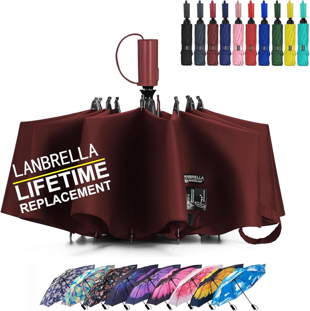 LANBRELLA Compact Reverse Folding Umbrella Auto Windproof Travel Umbrella (46 INCH, C2.3 Burgundy)