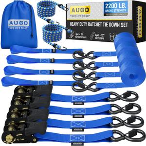 AUGO Ratchet Straps Heavy Duty 4 Pack -15 FT - 2200 LB Break Strength  with Safety Lock S Hooks - Cargo Straps for Moving, Appliances, Motorcycle  Soft Loop Tie Down Straps (Blue)