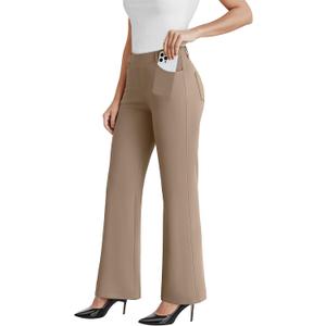 Dress Work Pants Women Business Casual Slack Trousers Stretchy Pull On Office Flare Pants with Pockets (Medium, Deep Khaki Coffee)